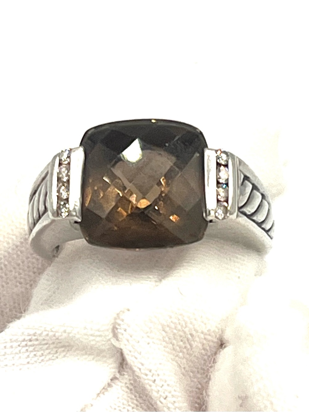 David Yurman Smoky Quartz Cushion-Cut with Diamond Sterling Silver Ring - size 6